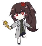  1girl bear_hair_ornament black_shoes black_skirt blush_stickers brown_hair carmen_(project_moon) chibi closed_mouth commentary_request debbie_kimm food full_body hair_ornament high_ponytail holding holding_food holding_ice_cream honey honeycomb_(object) ice_cream lobotomy_corporation long_hair pleated_skirt ponytail project_moon red_eyes shoes simple_background skirt smile solo transparent_background very_long_hair 