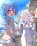  2girls antenna_hair bikini blue_archive blue_bikini blue_hair blue_halo blue_sailor_collar breasts butt_crack closed_eyes colored_eyelashes colored_inner_hair commentary_request day detached_collar double-parted_bangs food groin hair_between_eyes hair_intakes hair_ornament halo highleg highleg_one-piece_swimsuit highres holding holding_food holding_ice_cream holster ice_cream long_hair long_single_sidelock looking_at_viewer looking_back makina_(blue_archive) mikumiku37 multicolored_hair multiple_girls multiple_scoops one-piece_swimsuit open_mouth orange_eyes orca_hair_ornament outdoors pointing pointing_at_another ring_of_light_(blue_archive) sailor_collar sardine sayuri_(blue_archive) see-through_clothes see-through_shirt shirt side-tie_bikini_bottom small_breasts swimsuit thigh_holster too_many too_many_scoops two_side_up white_eyelashes white_hair white_one-piece_swimsuit x_hair_ornament 
