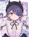  1girl :o absurdres aogiri_koukou arm_cutout asymmetrical_bangs bat_earrings bib_collar black_hat black_ribbon blush buttons clothing_cutout commentary_request cross-laced_clothes cross-laced_cutout demon_girl demon_wings double_inward_v double_v ear_piercing earrings flat_cap frilled_sleeves frills gorirasaru440 hair_ornament hair_over_one_eye hairclip hat highres horned_hat indoors jewelry jirai_kei long_sleeves low_wings multicolored_hair multiple_hairclips multiple_piercings nail_art nail_polish neck_ribbon official_alternate_costume open_mouth otodama_tamako piercing pink_shirt pink_streaks purple_hair purple_nails red_eyes ribbon shirt short_hair solo streaked_hair v virtual_youtuber wings x_hair_ornament 