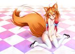 animal_ears bandages bandaid bandaid_on_pussy brown_eyes brown_hair cameltoe checkered checkered_floor flat_chest fox_ears fox_tail hair_ornament hairclip knees_together_feet_apart kurohime_(kuronekohimechan) long_hair looking_at_viewer navel one-piece_swimsuit open_mouth original ribbon sandals sarashi school_swimsuit see-through sitting solo swimsuit tail thighhighs twintails wet wet_clothes wet_swimsuit white_legwear white_school_swimsuit white_swimsuit 