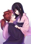  1girl carrying couple green_eyes hetero hug ichimura_tetsunosuke japanese_clothes kimono long_hair obi peace_maker_kurogane purple_eyes purple_hair sash saya_(peace_maker_kurogane) scar yonakaforever 