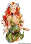  1girl bracelet breasts brown_hair circlet cleavage commentary curly_hair dress erect_nipples final_fantasy final_fantasy_xiv green_dress green_eyes hair_ornament highres jewelry large_breasts light_smile long_hair looking_at_viewer nophica patreon_username solo sumi_(oyasumie) twitter_username 