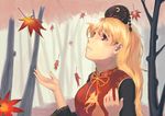  autumn_leaves blonde_hair chinese_clothes crescent dress hat junko_(touhou) long_hair long_sleeves looking_up nuwara_eliya open_hands parted_lips red_eyes ribbon solo touhou 