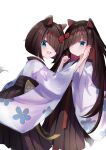  2girls :< :d absurdres animal_ears ban_(page_of_lambda) blue_eyes blush bob_cut brown_skirt closed_mouth colored_inner_hair commentary_request diagonal_bangs dog_ears dog_girl dog_tail floral_print floral_print_kimono flower furisode hair_flower hair_ornament hair_over_one_eye hakama hakama_skirt hands_up high-waist_skirt highres holding_hands interlocked_fingers japanese_clothes ken_(page_of_lambda) kimono long_hair long_sleeves looking_at_viewer matching_outfits medium_hair medium_skirt multicolored_hair multiple_girls n3knp nijisanji open_mouth page_of_lambda palms_together pleated_skirt print_kimono red_flower red_hair red_ribbon ribbon siblings simple_background skirt smile tail twins two-tone_hair very_long_hair white_background white_kimono yellow_ribbon 