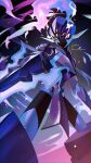  1other arm_blade armor blade_arm bright_pupils ceruledge commentary_request eye_trail fire helmet highres light_trail pokemon pokemon_(creature) pokemon_focus purple_armor purple_eyes purple_fire purple_helmet solo sword weapon yasaikakiage 