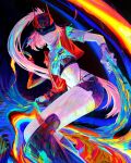  1girl abstract_background asymmetrical_sleeves baseball_cap belt black_background black_boots black_hat black_shorts boots breasts colorful commentary crop_top dual_wielding feet_out_of_frame fingerless_gloves flowersbloodart gloves green_eyes grin hat highres holding holding_spray_can honkai:_star_rail honkai_(series) horned_hat jacket knee_pads long_hair long_sleeves multicolored_shirt narrow_waist navel paint_on_clothes pantylines pink_hair ponytail rappa_(honkai:_star_rail) red_jacket shirt short_shorts short_sleeves shorts single_glove single_knee_pad sliding smile solo spray_can spray_paint stomach thighs very_long_hair white_belt 