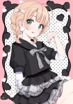  1girl :p ahoge black_jacket black_skirt blonde_hair blunt_bangs bow bowtie braid commentary crossed_legs green_eyes hair_bow hand_up heisei_retro highres indie_virtual_youtuber jacket lace-trimmed_jacket layered_skirt layered_sleeves long_sleeves looking_at_viewer low_twintails mezzo_piano miniskirt musical_note musical_note_print print_skirt self-portrait shigure_ui shigure_ui_(vtuber) shirt short-sleeved_jacket short_hair short_over_long_sleeves short_sleeves side_braids sitting skirt solo tongue tongue_out twin_braids twintails untranslatable_commentary virtual_youtuber white_bow white_bowtie white_shirt white_skirt 
