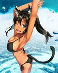  ;d animal_ears armpits arms_up ass back bangs bikini black_bikini black_hair blue_eyes breasts cat_ears cat_tail cleavage collarbone cowboy_shot dark_skin day from_above halterneck hand_on_own_arm holding_arm kimura_(ykimu) large_breasts lens_flare long_hair ocean one_eye_closed open_mouth original outdoors rock side-tie_bikini smile solo standing string_bikini swimsuit tail twintails water 