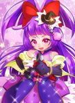  black_gloves black_hat bow capelet cowboy_shot cure_magical elbow_gloves gloves hair_bow hand_on_hip hat highres izayoi_liko long_hair looking_at_viewer magical_girl mahou_girls_precure! mini_hat mini_witch_hat pointing precure purple purple_background purple_eyes purple_hair purple_skirt red_bow skirt smile solo witch_hat yupiteru 