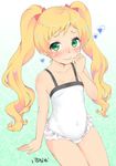  blonde_hair blush covered_navel daiya flat_chest green_eyes long_hair mahou_shoujo_nante_mou_ii_desukara. mokyutan one-piece_swimsuit ribbon sitting solo swimsuit thigh_gap very_long_hair white_swimsuit 