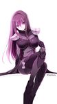  bodysuit breasts commentary_request fate/grand_order fate_(series) hand_on_own_knee kurikara large_breasts long_hair looking_at_viewer pauldrons purple_bodysuit purple_eyes purple_hair scathach_(fate)_(all) scathach_(fate/grand_order) simple_background sitting smile solo twitter_username very_long_hair white_background 