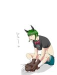 ahi_tb animal_ears bow bowtie cat_ears gloves green_hair male_focus one_piece open_mouth sham_(one_piece) simple_background sitting solo white_background 