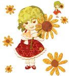  1girl ascot blush_stickers commentary english_commentary floral_print flower frilled_ascot frilled_skirt frilled_socks frills hands_up holding holding_flower kazami_yuuka long_sleeves looking_at_viewer mary_janes medium_hair nixelia no_pupils open_clothes open_mouth open_vest papercraft_(medium) red_eyes red_shoes red_skirt red_vest shirt shoes simple_background skirt skirt_set smile smug socks solo standing sunflower touhou unconventional_media vest white_background white_shirt white_socks yellow_ascot 