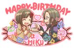  blush brown_hair cake cat closed_eyes emu_(toran) fang feeding flower food fork green_eyes hair_flower hair_ornament headphones headphones_around_neck idolmaster idolmaster_cinderella_girls jacket long_sleeves maekawa_miku multiple_girls open_clothes open_jacket open_mouth short_hair smile tada_riina 