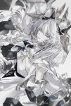  1girl ambience_synesthesia animal_ear_fluff animal_ears arknights braid character_name chinese_commentary commentary_request detached_sleeves dress enyoru grey_eyes grey_hair hair_between_eyes hand_up highres jewelry long_hair long_sleeves looking_at_viewer necklace official_alternate_costume pramanix_(arknights) pramanix_the_prerita_(arknights) pramanix_the_prerita_(hymn_to_sunbreak)_(arknights) snow_leopard_ears snow_leopard_girl solo twin_braids very_long_hair white_dress 