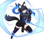  &gt;:) animal_ears bangs black_hair black_legwear blue_eyes boots breasts commentary_request dual_wielding energy energy_blade fox_ears fox_tail fur-trimmed_boots fur_boots fur_trim ganesagi glaring holding knee_boots looking_at_viewer medium_breasts nanashi_(ganesagi) original scarf short_hair shorts smile solo tail thighhighs tsurime v-shaped_eyebrows weapon 
