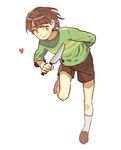  androgynous arm_behind_back bad_id bad_twitter_id brown_hair cdov34 chara_(undertale) heart knife red_eyes shirt shorts simple_background smile solo spoilers standing standing_on_one_leg striped striped_shirt undertale white_background 