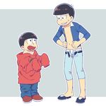  age_comparison brown_hair child cosplay costume_switch dual_persona heart heart_in_mouth kabu_(bekka) looking_at_another male_focus matsuno_osomatsu multiple_boys osomatsu-kun osomatsu-san outside_border oversized_clothes sextuplet_(osomatsu-kun) sleeves_past_wrists smile sweatdrop tight time_paradox 