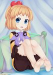  barefoot bed blonde_hair blue_eyes blush doll fang feet hair_ornament handsofmidaz highres long_hair looking_at_viewer neptune_(series) open_mouth pillow pish purple_hair sketch solo stuffed_animal stuffed_toy 