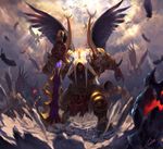  bad_pixiv_id bow_(weapon) feathers highres hins horn horns monster no_humans original sword weapon wings 