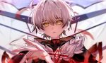  1boy ahoge alyosha_(genshin_impact) aura black_cape black_jacket black_shirt cape chromatic_aberration commentary_request covered_collarbone dark_aura earmuffs empty_eyes flower-shaped_pupils freckles fur-trimmed_cape fur_trim genshin_impact grey_hair hair_between_eyes hand_up highres hood hooded_cape jacket long_sleeves looking_at_viewer male_focus open_mouth ronova_(genshin_impact) shirt short_hair social_media_composition solo symbol-shaped_pupils ta_l280 teeth turtleneck turtleneck_shirt upper_body yellow_eyes 
