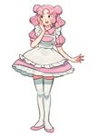  apron bad_id bad_twitter_id blissey cdov34 dress full_body gen_2_pokemon hand_on_own_face looking_to_the_side personification pink_hair pokemon simple_background smile solo thighhighs white_background 