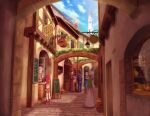  1boy 5girls alley arch child cloud commentary_request door flower_bed half-timbered hanging_sign highres lamp masaki_mao menu_board moss multiple_girls old old_woman original people scenery sett shop shopping sign sky slice_of_life steeple tower urban window 