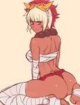  1girl ass back bandage beige_background blush dark_skin facepaint feet female fire_emblem fire_emblem_if fundoshi liperv looking_at_viewer looking_back mask necklace nintendo red_eyes rinka_(fire_emblem_if) sarashi short_hair simple_background smile solo thick_thighs thighs toned wariza white_hair 