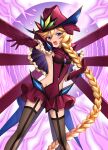  1girl absurdres annno_ans black_garter_straps black_thighhighs blonde_hair blue_eyes braid braided_ponytail capelet carol_malus_dienheim carol_malus_dienheim_(daur_da_blao) clenched_hand commentary_request commission double-parted_bangs dress electricity energy_ball flat_chest floating_hair garter_straps gem_hat_ornament gloves hair_between_eyes hat highres legs_apart long_hair open_hand open_mouth outstretched_arm petite pleated_capelet purple_capelet purple_dress purple_electricity purple_gloves purple_hat senki_zesshou_symphogear short_dress shouting sideless_dress sideless_outfit single_braid solo standing thighhighs upper_body v-shaped_eyebrows very_long_hair witch_hat 