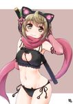  axent_wear ayama_yuiya black_bra black_panties blush bra brown_eyes brown_hair cat_cutout cat_day cat_ear_headphones cat_ear_panties cat_lingerie cleavage_cutout detached_sleeves headphones katana meme_attire navel original panties short_hair side-tie_panties simple_background sketch smile solo sword underwear underwear_only weapon 