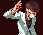  bespectacled blood blood_on_face bloody_clothes bloody_hands brown_hair formal glasses looking_at_viewer male_focus matsuno_choromatsu osomatsu-kun osomatsu-san red_background semi-rimless_eyewear simple_background solo suit white_suit 