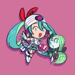  1girl :o anjohink aqua_eyes aqua_hair bag bracelet chibi chibi_only collared_shirt commentary drop_shadow english_commentary gloves green_hair grey_skirt hair_between_eyes hair_ribbon handbag hat hatsune_miku headphones highres jewelry long_hair meloetta meloetta_(aria) multicolored_hair no_sclera open_mouth pink_background pokemon pokemon_(creature) project_voltage psychic_miku_(project_voltage) purple_bag red_ribbon ribbon shirt short_sleeves simple_background single_glove skirt smile twintails two-tone_hair unown unown_m very_long_hair vocaloid white_gloves white_hat white_shirt 