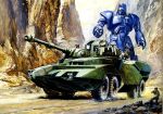  1980s_(style) 1other armored_vehicle box_art cliff combat_helmet commentary_request day giant_gorg gorg helmet highres mecha military_combat_uniform military_uniform military_vehicle official_art outdoors radar_dish retro_artstyle robot scan science_fiction soldier standing super_robot takani_yoshiyuki third-party_source yellow_eyes 