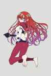  1girl alternate_hair_length_(longer) amate_yuzuriha aqua_eyes barefoot bodysuit breasts commentary_request gundam gundam_gquuuuuux highres kimidori_(haruzionmitaka) long_hair looking_at_viewer mecha_pilot_suit multicolored_bodysuit normal_suit_(gundam) red_hair science_fiction simple_background solo spacesuit 