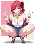  1girl alternate_costume alternate_hairstyle belt belt_buckle black_belt black_nails black_ribbon black_sandals blue_eyes blue_shorts breasts buckle camisole cleavage commentary cutoffs denim denim_shorts double_v fingernails full_body go-toubun_no_hanayome grin hair_ribbon hands_up high_heel_sandals high_heels highres jewelry large_breasts legs looking_at_viewer medium_hair micro_shorts nail_polish nakano_nino necklace one_side_up outline red_hair ribbon sandals sbel02 shiny_skin shorts smile solo spaghetti_strap spread_legs squatting straight-on toenail_polish toenails untranslatable_commentary v white_camisole white_outline 