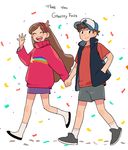  1girl bad_id bad_twitter_id baseball_cap blush_stickers braces brother_and_sister brown_hair cdov34 confetti copyright_name dipper_pines gravity_falls hairband hand_in_pocket hat holding_hands long_hair mabel_pines shorts siblings simple_background smile sweater thank_you twins typo vest walking waving white_background 