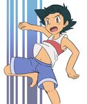  1boy ao_anpk_(artist) belly belly_peek black_hair boxers brown_eyes hat jumping male_focus open_mouth partially_clothed pokemon pokemon_(anime) satoshi_(pokemon) short_hair simple_background solo underwear 