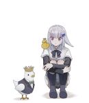  1girl :< animal animal_on_shoulder bird bird_on_shoulder black_sleeves blue_hair blush boots bow bowtie closed_mouth clothed_animal colored_inner_hair commentary_request crossed_arms crown dress full_body green_bow green_bowtie grey_boots grey_bow grey_bowtie grey_hair grey_vest hair_ornament highres lapels layered_sleeves lize_helesta long_hair long_sidelocks long_sleeves looking_at_animal looking_to_the_side monocle multicolored_hair nijisanji notched_lapels official_alternate_costume page_of_lambda purple_eyes sebastian_piyodore sen_izm short_dress short_over_long_sleeves short_sleeves sidelocks simple_background squatting streaked_hair two-tone_hair vest virtual_youtuber waistcoat white_background white_bird white_dress yellow_bird 