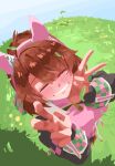  1girl animal_ears black_shrug blue_sky blush breasts brown_hair closed_mouth commentary_request dantsu_flame_(center_spotlight)_(umamusume) dantsu_flame_(umamusume) double_v ear_covers ebishumai0720 facing_viewer grass hair_between_eyes highres horse_ears horse_girl horse_tail long_hair pink_shirt shirt shrug_(clothing) sky smile solo standing tail teeth umamusume v 