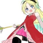  1girl :d bare_shoulders black_thighhighs blonde_hair blue_eyes blue_hair blush blush_stickers breasts commentary_request cosplay cowboy_shot dress fang frilled_dress frills gradient_hair holding holding_weapon long_hair looking_at_viewer love_live! love_live!_hasu_no_sora_jogakuin_school_idol_club magical_girl mahou_shoujo_madoka_magica mahou_shoujo_madoka_magica_(anime) miniskirt multicolored_hair open_mouth osawa_rurino parted_bangs pink_skirt pleated_skirt ponytail red_dress revision sakura_kyoko sakura_kyoko_(cosplay) sakura_kyoko_(magical_girl) shinanoya_(satanicad) simple_background skirt sleeveless sleeveless_dress small_breasts smile solo thighhighs virtual_youtuber weapon white_background zettai_ryouiki 