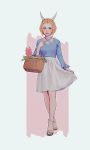  1girl alternate_costume basket blonde_hair blue_eyes blue_shirt blush casual contemporary final_fantasy final_fantasy_xiv flower flower_basket horns icebear_kvitebjoern kan-e-senna looking_at_viewer sandals shirt short_hair skirt skirt_lift smile solo white_skirt 