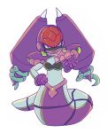  1girl ama_megaman armor cleavage_cutout clothing_cutout commentary_request em_wave_change_(mega_man) gloves helmet highres lamia luna_platz_(mega_man) mega_man_(series) mega_man_star_force_(series) midriff monster_girl mouth_veil purple_armor purple_gloves queen_ophiuca_(mega_man) red_eyes shoulder_armor simple_background snake veil white_background yellow_eyes 