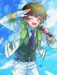  1boy 81_(mellowry) :d ;d akizuki_ryo antenna_hair arm_up belt black_belt black_necktie blue_sky brown_hair commentary_request cowboy_shot day falling_feathers feathers fingerless_gloves gloves green_vest highres holding holding_microphone idolmaster idolmaster_side-m jacket looking_at_viewer male_focus microphone necktie one_eye_closed open_clothes open_jacket outdoors pants short_hair sky smile solo standing vest waistcoat white_feathers white_gloves white_jacket white_pants yellow_eyes 