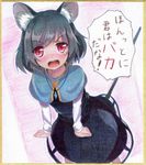  angry animal_ears black_dress blush border capelet dress gem graphite_(medium) grey_hair jewelry kittona looking_at_viewer millipen_(medium) mouse_ears mouse_tail nazrin necklace open_mouth outstretched_wrists pendant pink_eyes red_eyes shikishi shirt solo tail touhou traditional_media translated watercolor_pencil_(medium) yellow_border 