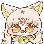  1girl :3 animal_ear_fluff animal_ears blonde_hair chibi chibi_only commentary_request crumbs forehead_tattoo fox_ears holding hsin_(wuthering_waves) korean_commentary licking_lips oldstore radiant_tide_(wuthering_waves) red_tattoo simple_background tattoo tongue tongue_out transparent_background upper_body wuthering_waves yellow_eyes 