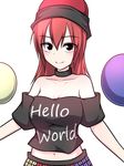  bare_shoulders clothes_writing collar commentary english hat hecatia_lapislazuli kuroba_rapid long_hair looking_at_viewer navel off-shoulder_shirt polos_crown red_eyes red_hair reverse_translation shirt simple_background smile solo t-shirt touhou upper_body white_background 