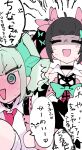  3girls @_@ anger_vein angry asymmetrical_bangs ayunyan_pere bag bare_shoulders black_choker black_hair blush bow breasts choker colored_inner_hair commentary_request earrings full-face_blush green_bow green_eyes green_hair hair_bow hair_ornament halo highres jewelry large_breasts looking_at_breasts multicolored_hair multiple_girls musical_note_earrings nangong_yu necktie open_mouth pink_hair red_necktie remielle_dan shirt speech_bubble sunna_(zenless_zone_zero) sweat translation_request twintails white_shirt zenless_zone_zero 