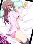  :o asn_s ass bed bed_sheet black_legwear blush breasts brown_hair cellphone checkered checkered_skirt from_above from_side groin himekaidou_hatate legs_together long_hair no_bra on_bed open_clothes open_mouth open_shirt over-kneehighs panties phone pillow pink_panties pink_shirt pink_skirt pointy_ears profile puffy_short_sleeves puffy_sleeves shiny shiny_skin shirt short_sleeves sideboob skirt sleeping small_breasts solo thighhighs thighs touhou underwear 