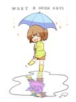  ^_^ androgynous bad_id bad_twitter_id blush_stickers boots chara_(undertale) closed_eyes commentary_request different_reflection english frisk_(undertale) misha_(hoongju) open_mouth puddle rain reflection rubber_boots shirt smile spoilers striped striped_shirt umbrella undertale yellow_footwear 