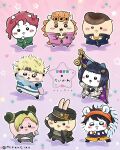  1girl 6+boys animal_ears animalization asymmetrical_bangs battle_tendency black_coat black_hair blonde_hair blue_jacket blunt_bangs bob_cut brown_hair bruno_bucciarati caesar_anthonio_zeppeli chiikawa chiikawa_(character) coat commentary_request crossover diamond_wa_kudakenai double_bun feather_hair_ornament feathers furuhonya giorno_giovanna green_coat green_pants grey_shirt hachiware_(chiikawa) hair_bun hair_ornament hairband hairclip headband higashikata_josuke highres jacket jojo_no_kimyou_na_bouken kakyoin_noriaki kujo_jolyne kujo_jotaro kuri_manjuu_(chiikawa) long_bangs mikanciao momonga_(chiikawa) multiple_boys narancia_ghirga orange_hairband pants parted_bangs pink_jacket pink_pants pink_scarf pompadour rabbit rabbit_ears rakko_(chiikawa) red_hair scarf shirt shisa_(chiikawa) skirt spider_web_print stardust_crusaders stone_ocean translation_request usagi_(chiikawa) vento_aureo victory_rolls white_jacket white_pants yellow_shirt yellow_skirt zipper zipper_pull_tab 